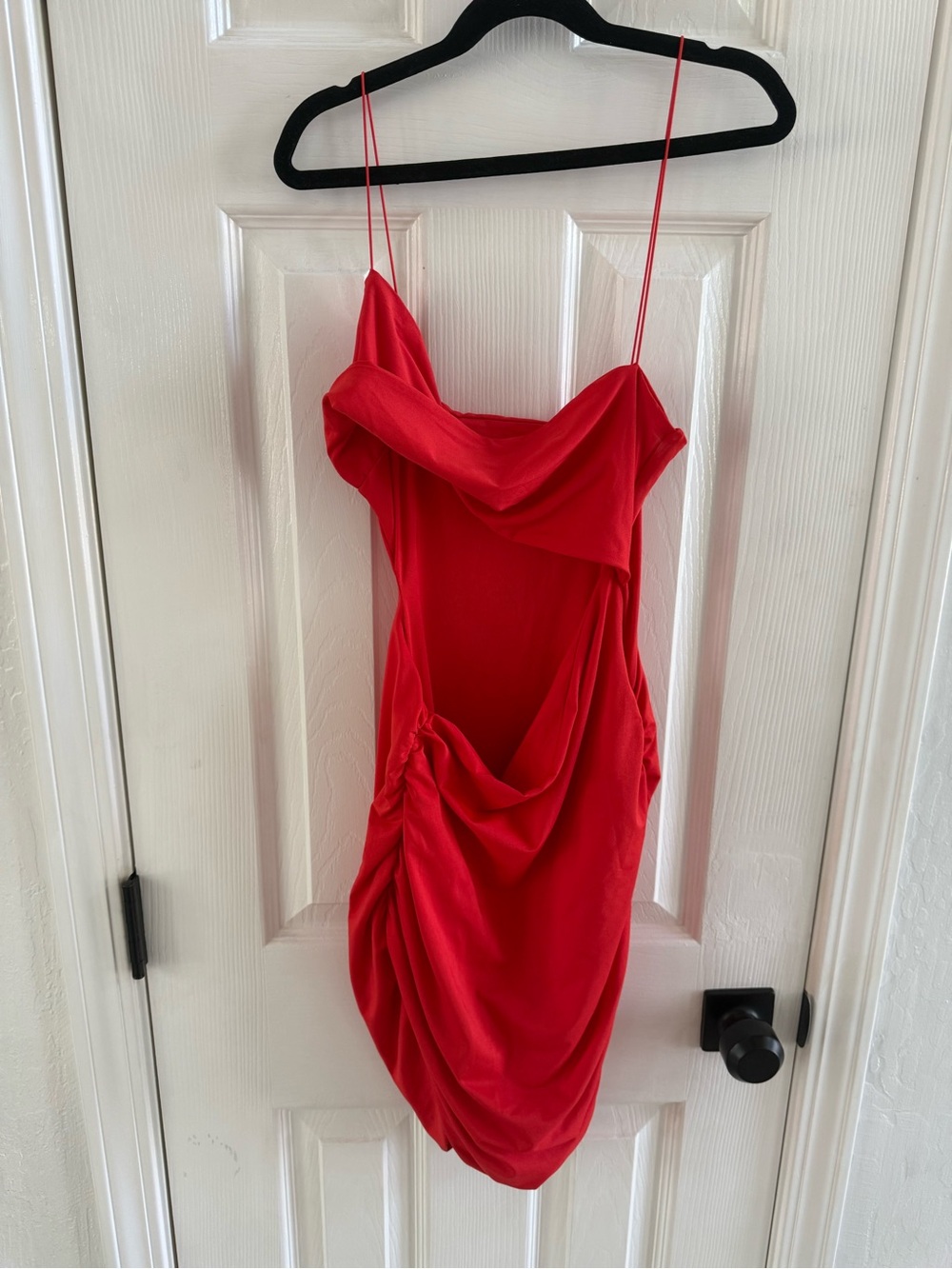Red Ruched Open Mini Dress with Spaghetti Straps